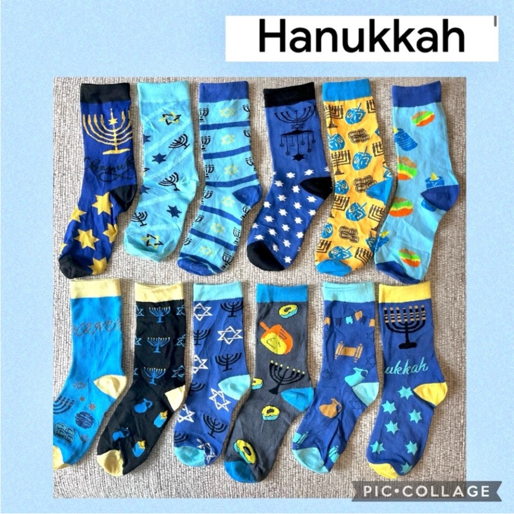 Hanukkah Bundle 12 Pairs Novelty Socks + 20 Israel Flags Menorah Dreidel NWOT - Picture 2 of 7